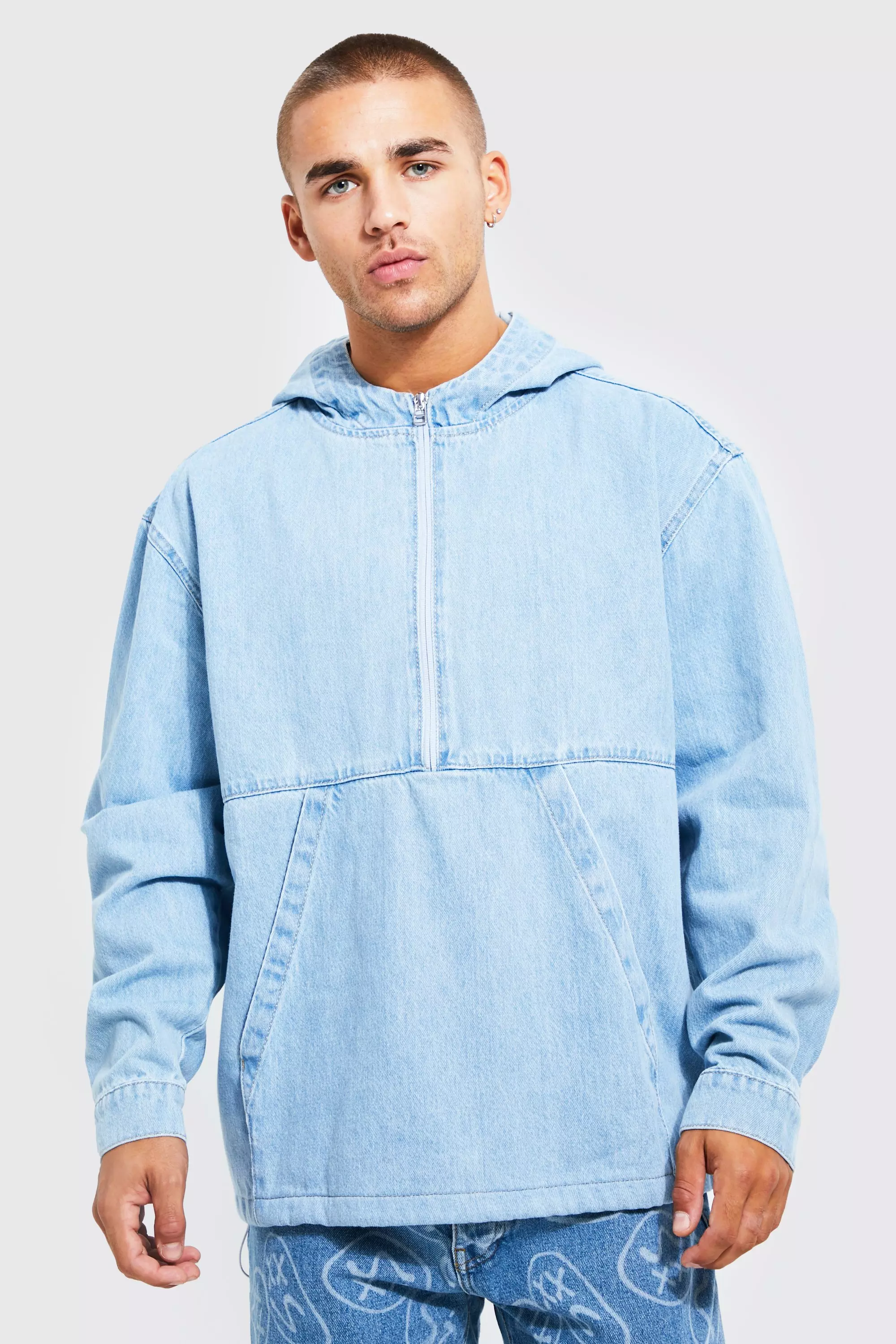 Oversized Denim Half Zip Hoodie